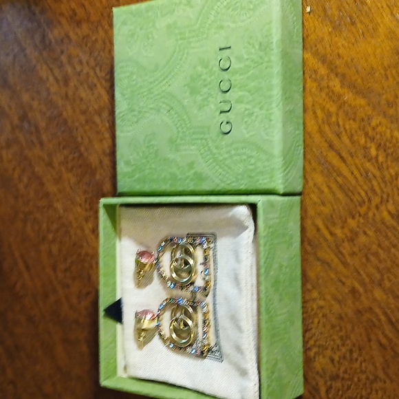 AUTHENTIC GUCCI GOLD TONE MULTIPLE COLORED CRYSTAL DANGLING EARRINGS - Picture 7 of 7
